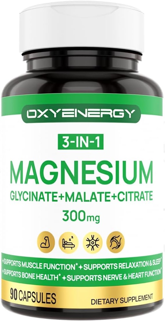 OXYENERGY 3 en 1 Magnesium Complex Suplemento, Triple Magnesium Capsules 300mg con Glycinate Malate Citrate, Chelated, Vegan, Alta Absorción y Biodisponibilidad, 90 cápsulas