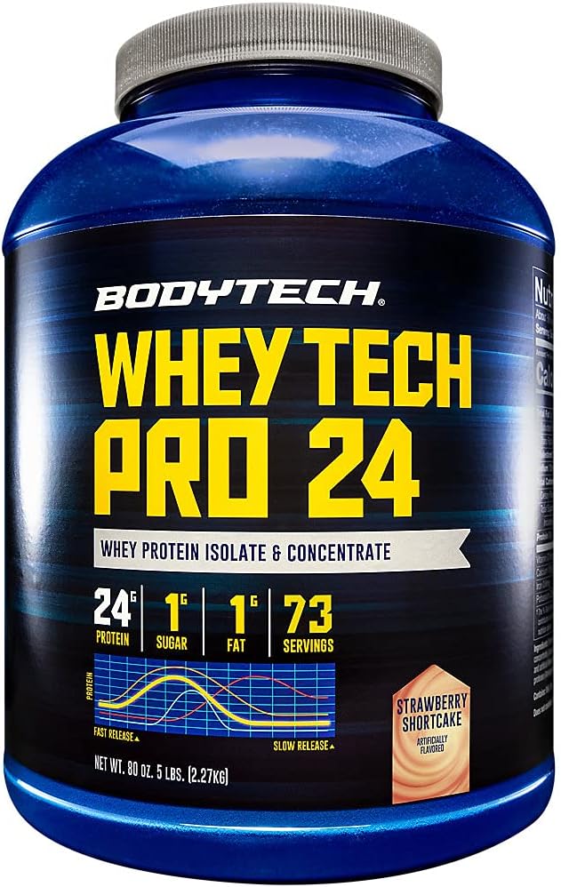 BODYTECH Whey Tech Pro 24 Protein Powder - Protein Enzyme Blend with BCAA's to Fuel Muscle Growth & Recuperación, Ideal para el edificio del músculo post-Workout - Strawberry Shortcake (5 libras)