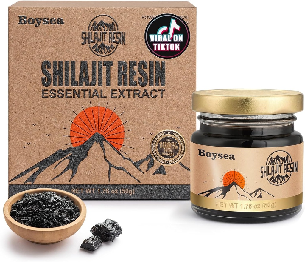 Boysea Shilajit Resin ← 600 mg 80+ Servir a los mineros 85+ Trace Minerals " 75%+ Ácido Fulvico para Focus " Energía eterna Zero Sugar vidas Gold Grade Puro Shilajit para Hombres " - 1,76 Oz