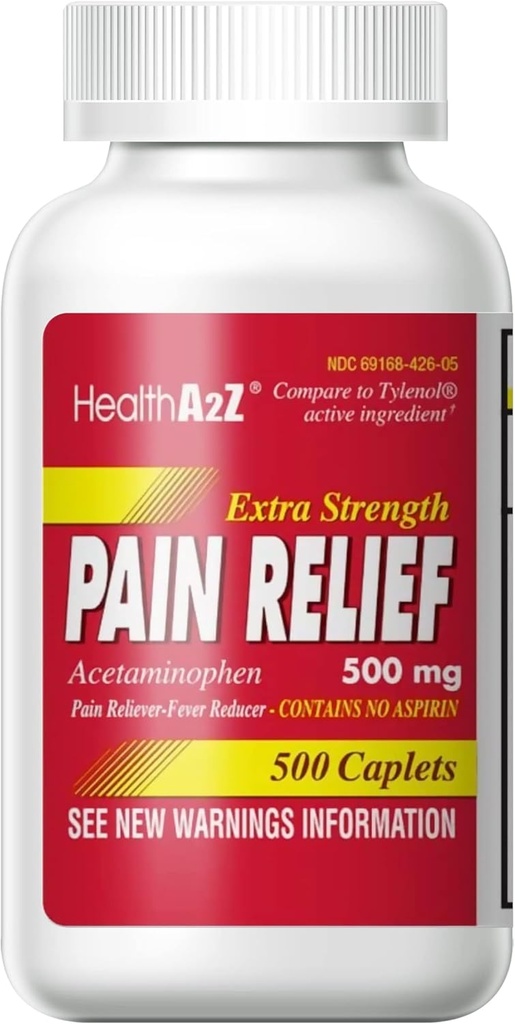 HealthA2Z® Extra Strength Pain Relief ← Acetaminophen 500mg Silencio Contiene No Aspirin ← Fever Reductor de Dolor Silencioso (500 Conde (Pack of 1))