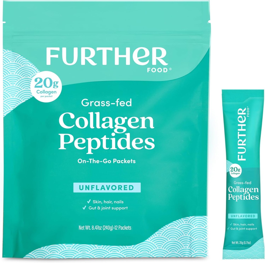 Más alimentos sin sabor Peptidos de colágeno Powder Stick Packs - 100% Grass-Fed, Hidrolyzed Tipo 1 &amp; 3, 20g de Collagen por Serving, Soportes Skin, Hair, Nails & Joints, 8.47 Oz