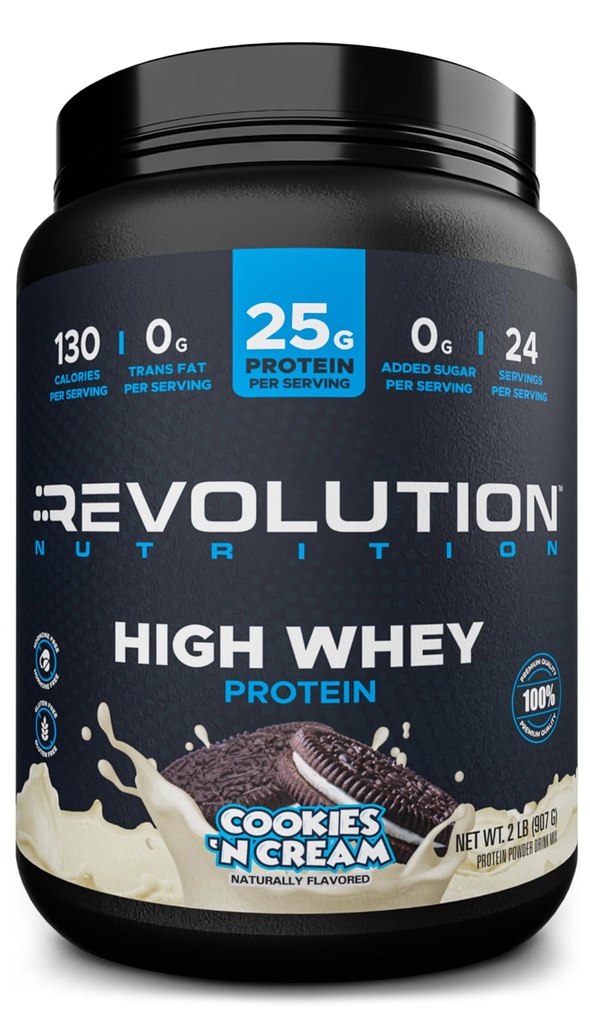 Revolution Nutrition, High Whey, Protein Powder 2LB, Whey Isolate, Gluten Free, Lean Muscle Mass for Men &amp; Women, 25g of Protein Per Scoop, 908 g, 24 Servings (Cookies &amp; Cream, 2 Pound)