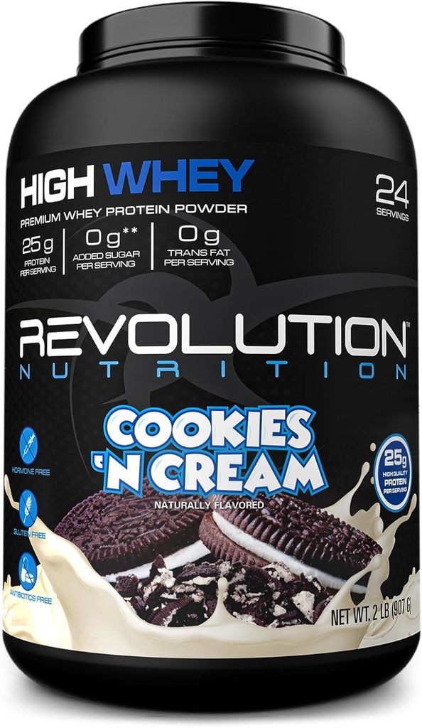 Revolution Nutrition, High Whey, Protein Powder 2LB, Whey Isolate, Gluten Free, Lean Muscle Mass for Men &amp; Women, 25g of Protein Per Scoop, 908 g, 24 Servings (Cookies &amp; Cream, 2 Pound)