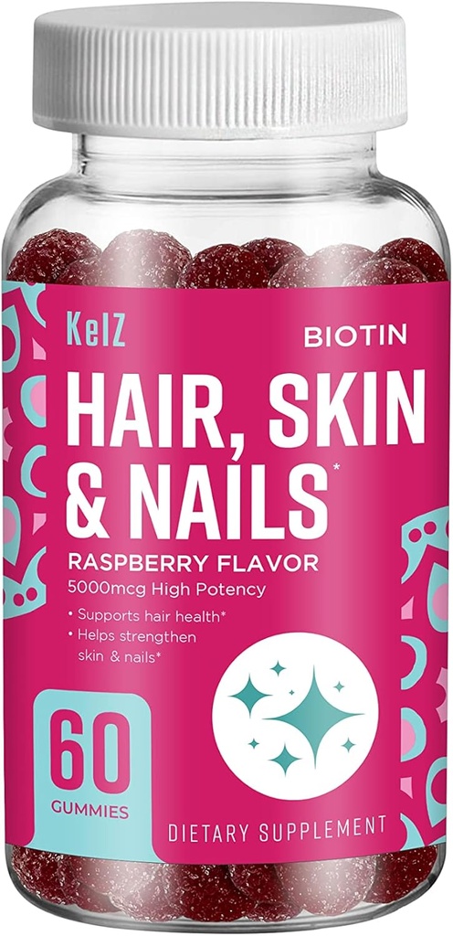 KelZ Biotin Hair, Skin & Nails Supplement Gummies, Raspberry Flavor, 60 Cuenta (Pack of 1)