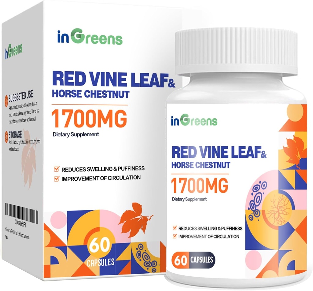 Red Vine Leaf Extracto 1700mg &amp; Horse Chestnut Extracto Suplementos, soporta Veinte, Salud de la piel, Circulación para las piernas(1Pack)