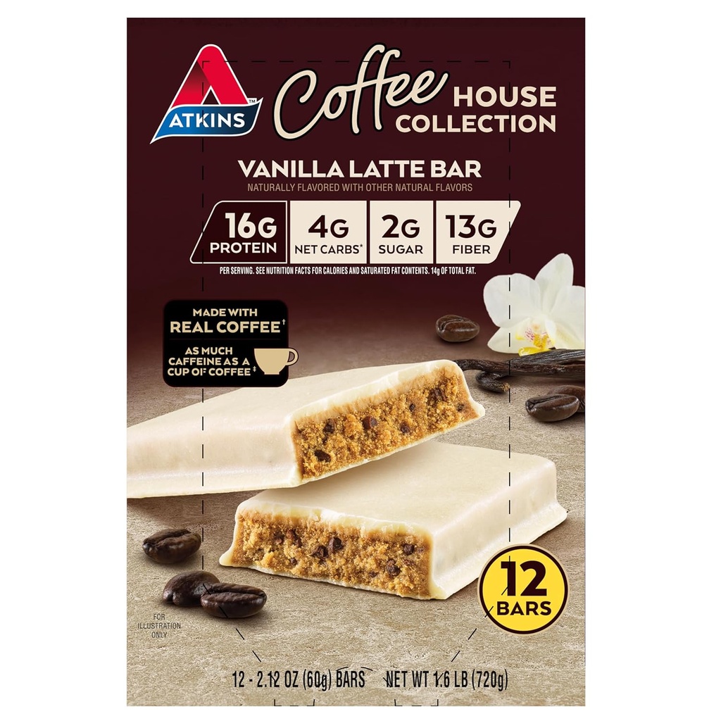 Atkins Coffee House Collection Vanilla Latte Bar, 16g Proteína, 2g Azúcar, 4g Net Carbs, 13g Fiber, 12 Conde