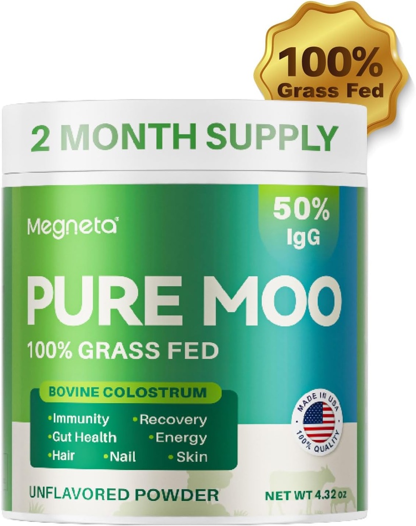 Bovine Colostrum Suplemento para los humanos - 50% IgG 100% Grass Fed, Colostrum Powder para Gut Health, Skin & Hair, Beauty and Immune Support Pure Moo Keto, Gluten & Fat Free (Unflavored) V3