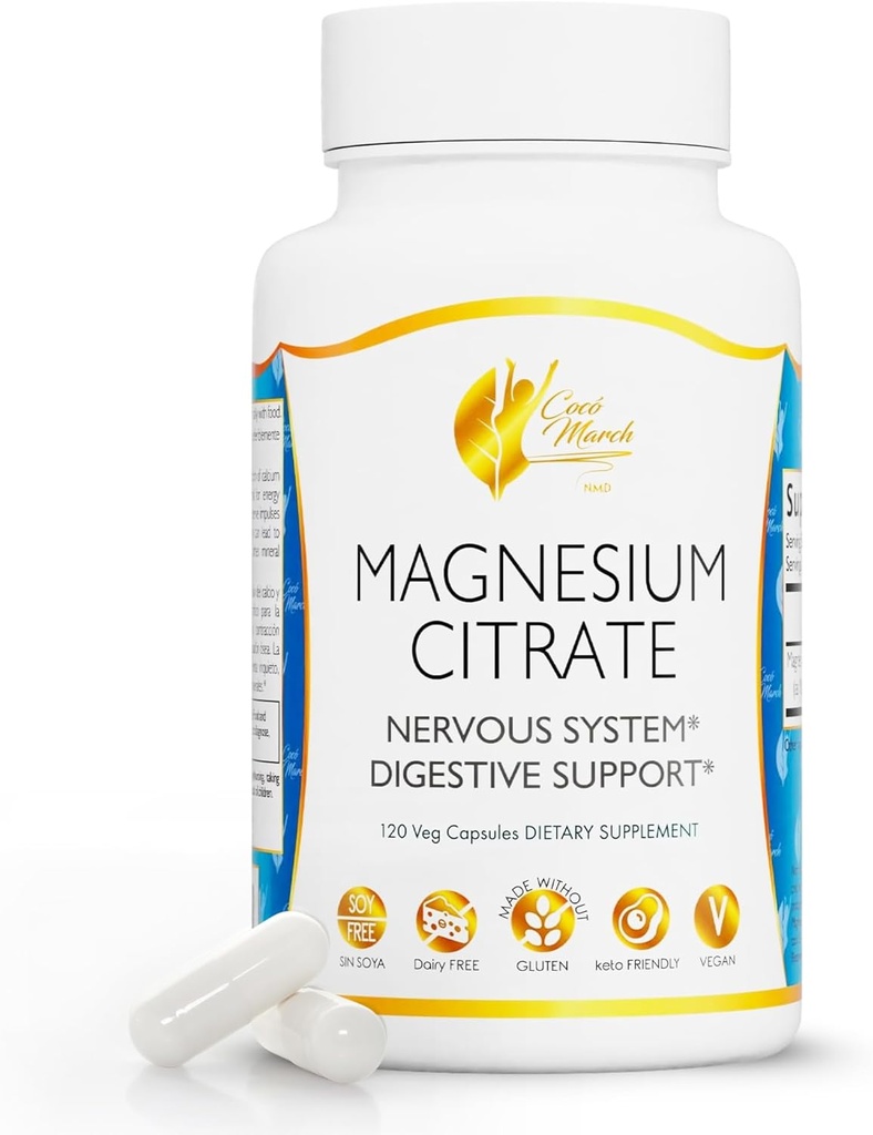 Cocó March N.M.D Magnesium Citrate 800mg por Serving, Gluten Free, Supports Sleep, Digestive Health, Muscle Function & Relaxation, High Absorption, Non-GMO, 120 Capsules