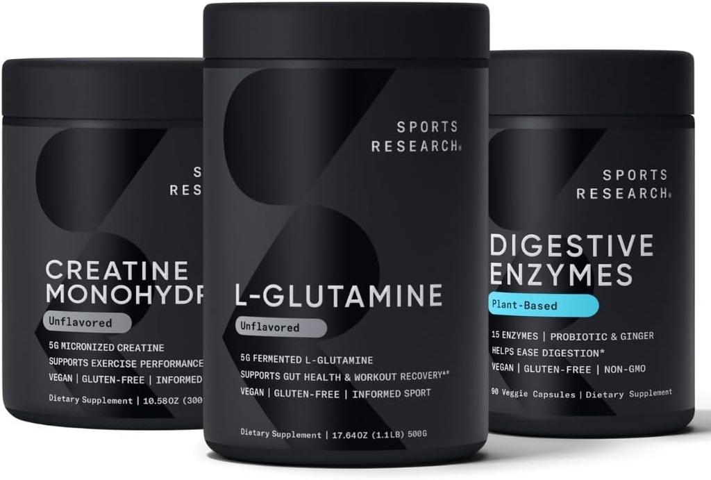 Sports Research L-Glutamine (100 Servings), Creatine Monohydrate (60 Servings) y Digestive Enzymes with Probiotics & Ginger (90 Servings) - All Non-GMO Verified, Vegan & Gluten Free