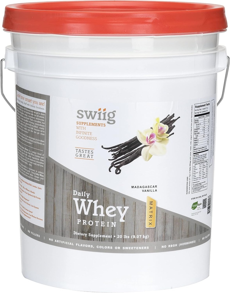 swiig Premium Daily Whey Matrix, Vanilla 20lb – 20g Proteína por Servir con Aminoácidos para la recuperación del músculo – Gluten-Free, Non-GMO, No Fillers, No sabores artificiales