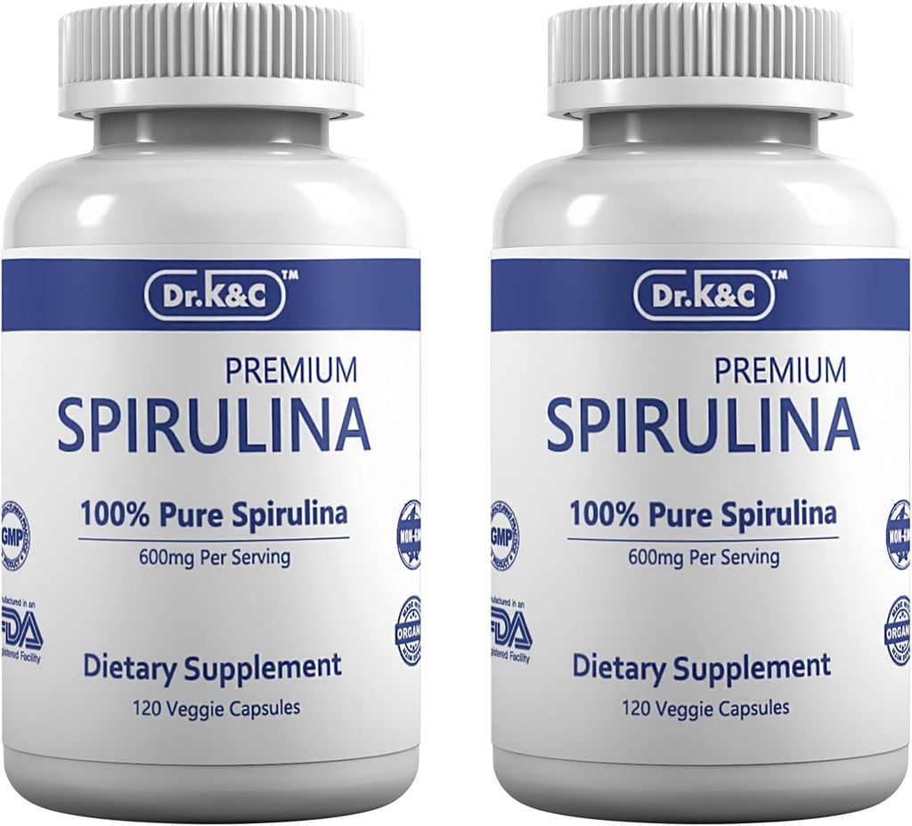 Dr.K adultoC Organic Spirulina Superfood Supplement – Pure Natural Blue Green Microalgae 600 mg 240 Veggie Capsules Health Immune System Antioxidants Protein Fiber No Filler Non GMO Vegan 2pk