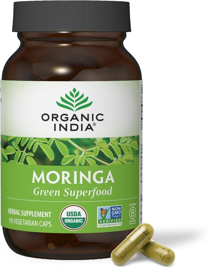 ORGANIC INDIA Moringa Capsules Orgánico - Moringa Suplemento - Superalimentos Verdes, Moringa Leaf Capsules, Puro Superverde, Verdes Veganos, Multivitamina de la naturaleza, Vegan, Libre de gluten - 90 cápsulas