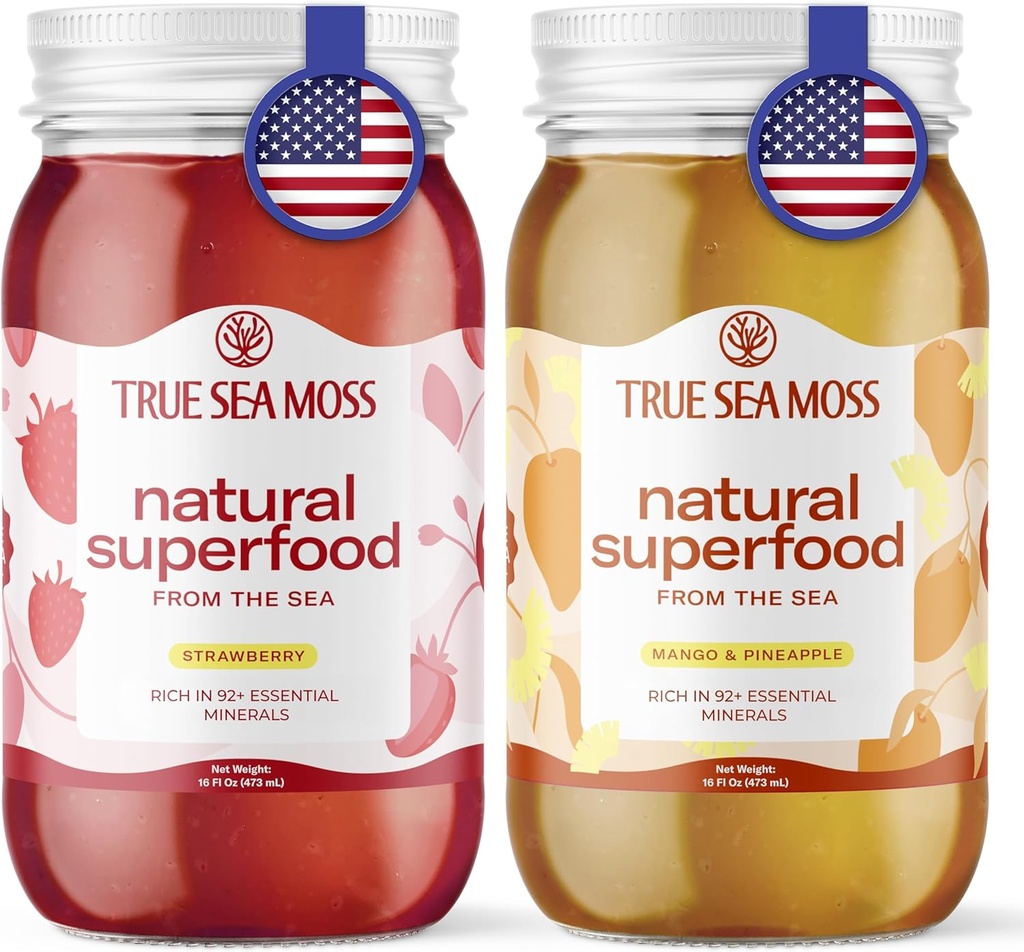 TrueSeaMoss Wildcrafted Irish Sea Moss Gel Mango y Strawberry Bundle Organic Raw Seamoss Rich in Minerals, Proteins & Vitaminas