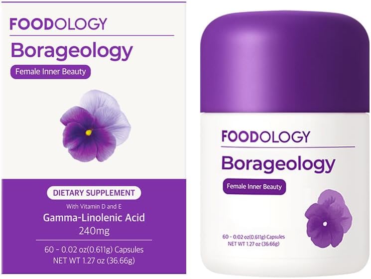 FOODOLOGY Boraology (60 Softgels, 30 Days) - Aceite de Borage puro, GLA 240 mg con Vitamina E &amp; D3. Suplemento de ácidos grasos Omega 6 de base vegetal para el malestar premenstrual, la piel sana y el equilibrio hormonal.