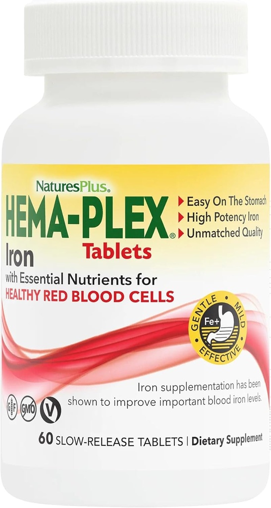 NaturalezasPlus Hierro Hema-Plex - 60 Tabletas - 85 mg Hierro Elemental + Vitamina C " Bioflavonoides for Healthy Red Blood Cells - Vegan, Gluten Free - 30 Servings
