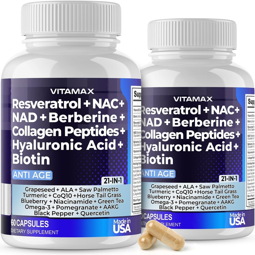 Vitamax Resveratrol NAD+ Berberine Hyaluronic Acid - Biotin Grape & Blueberry + NAC - Collagen Peptides - Hair, Nail, Skin & Joint Supplement - 21-in-1 Mujeres y Hombres - Made in USA - 120 Count