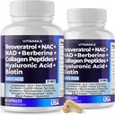 Vitamax Resveratrol NAD+ Berberine Hyaluronic Acid - Biotin Grape & Blueberry + NAC - Collagen Peptides - Hair, Nail, Skin & Joint Supplement - 21-in-1 Women and Men - Made in USA - 120 Count