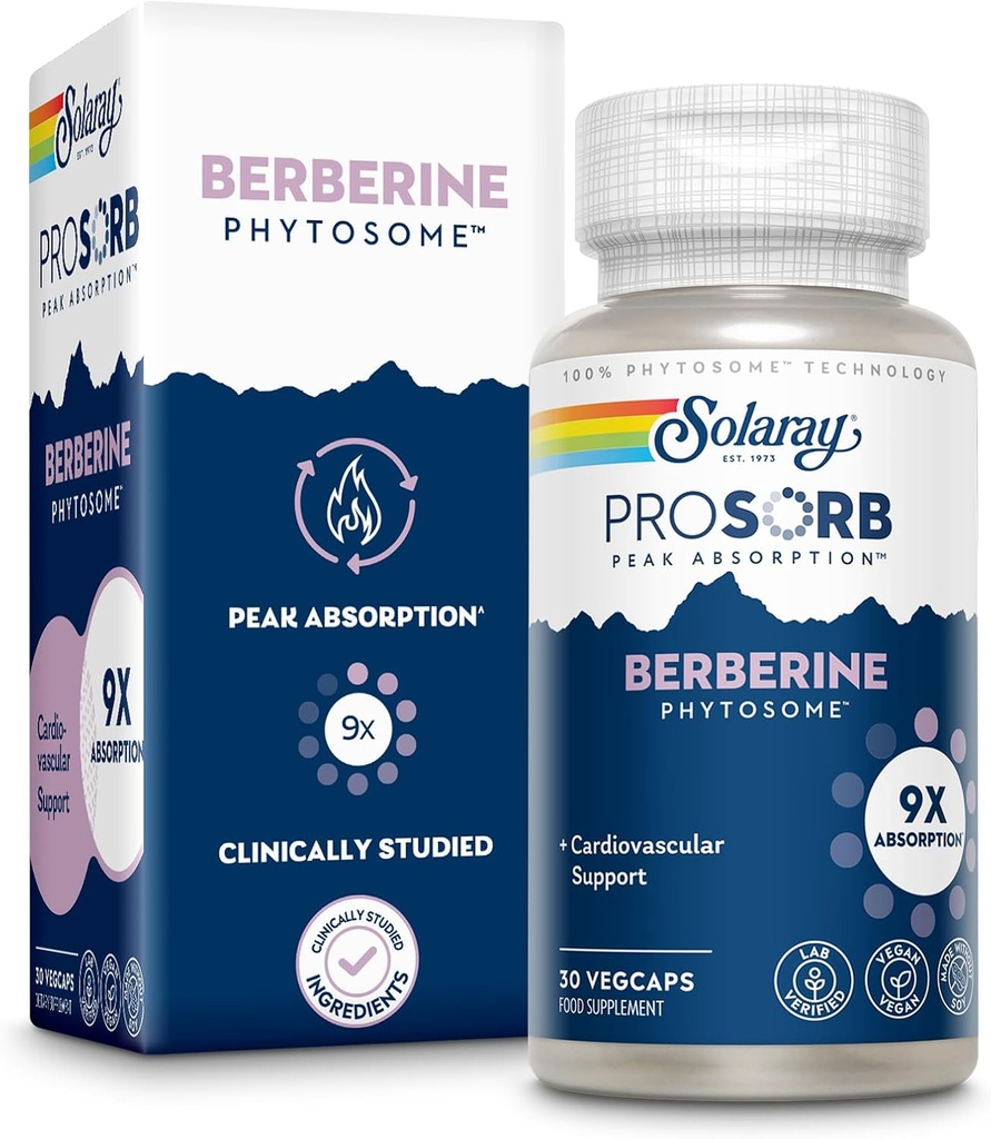 SOLARAY Berberine Phytosome - 9X Absorption and Easy-to-Digest - Estándarizado a 30% Berberine HCl - Vegan, Hecho Sin Soy - Garantía de 60 días - 30 Servimientos, 30 VegCaps