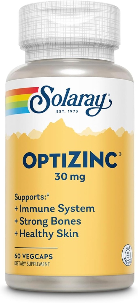 SOLARAY OptiZinc 30mg Immune Support Supplement - Zinc Supplements for Men and Women w/Vitamin B6 - Strong Bones and Skin Health Support - High Absorption - 60-Day Guarantee, 60 Servings, 60 VegCaps