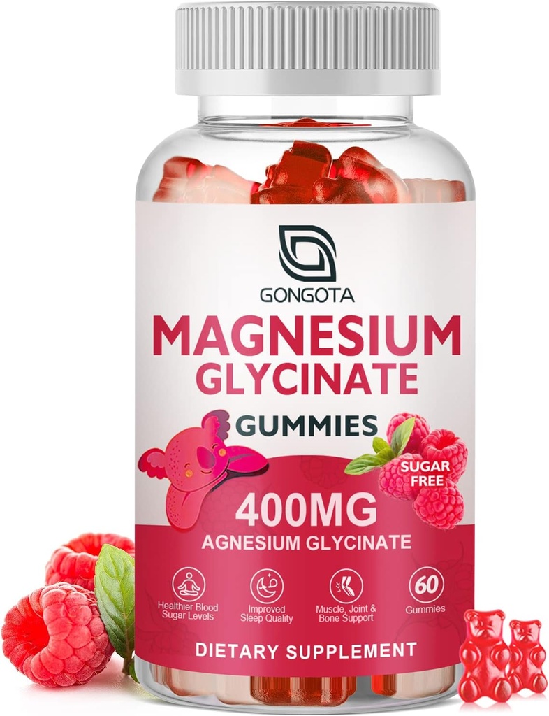Magnesio Glycinate Gummies 400 mg con 100 mg Magnesio compuesto - Suplemento de Potasio de Magnesio Chelatado con Vitamina D, B6 Apoyos Calma, Dormir, Memoria &amp; Calambres musculares,Sugar Gratis - 60 Gummies