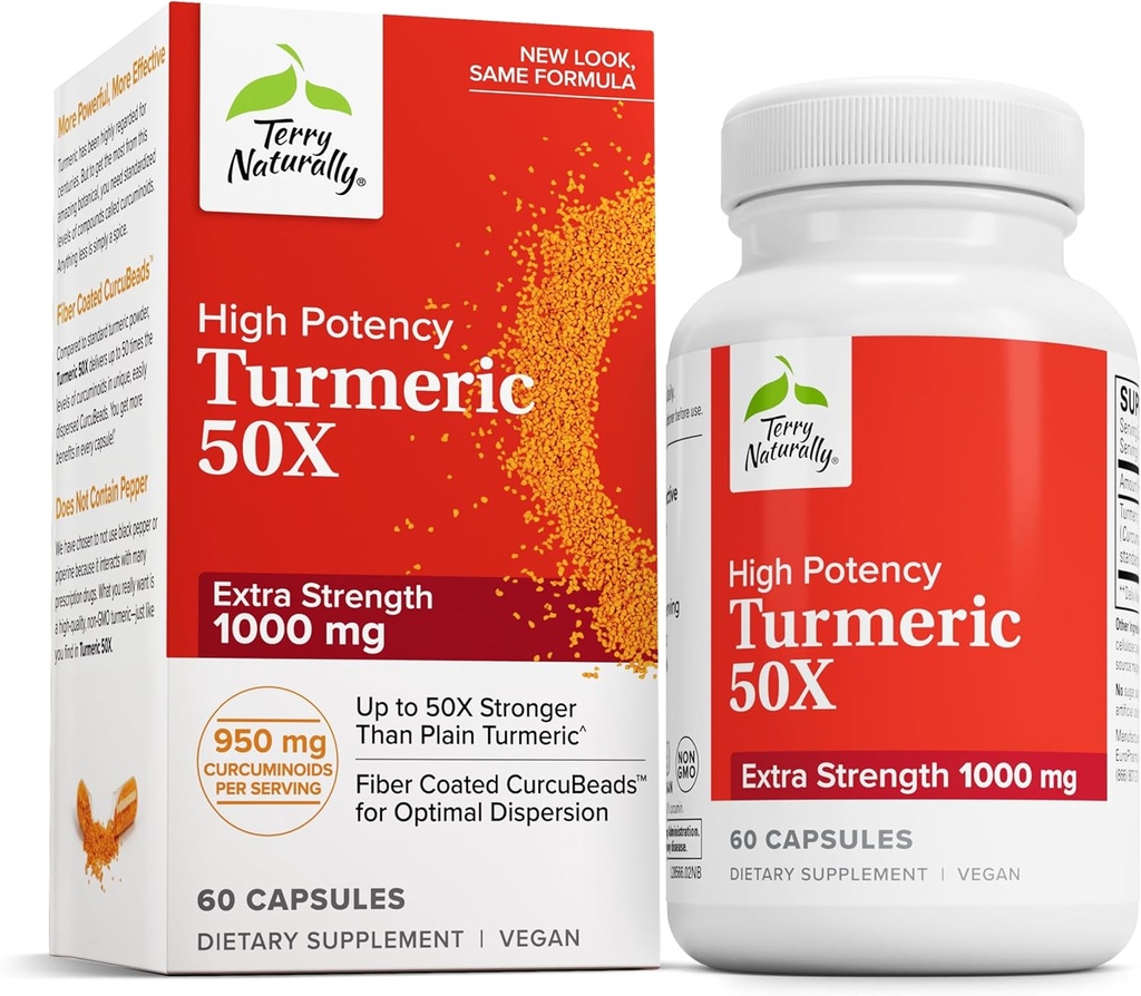Terry Naturalmente Turmeric 50X - Suplemento dietético para el apoyo a la salud del cerebro y del corazón - Turmérica de estrés extra para la salud inmunitaria - Suplemento No GMO - 60 cápsulas