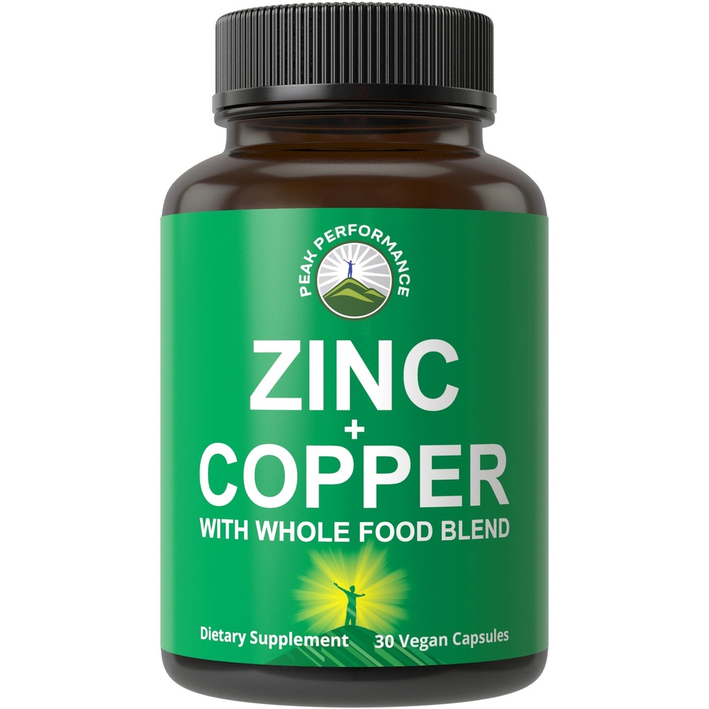 Peak Performance Zinc with Copper + Whole Food Blend of 25 Vegetables and Fruits for Max Absorption - Immune Support Supplement Capsules - Two Essential Minerals for Immunity - Pills for Men & Women
