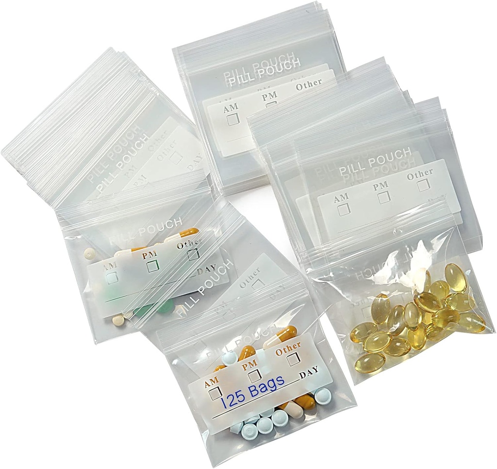 125 Packs 6 Mil Bolsas de Pill resistentes BPA Pouch gratis 3 x 2.75 Inch Escribir sobre sello impermeable transparente bolsas de plástico para el organizador de la pila de viajes, joyería y piezas de artesanía pequeña