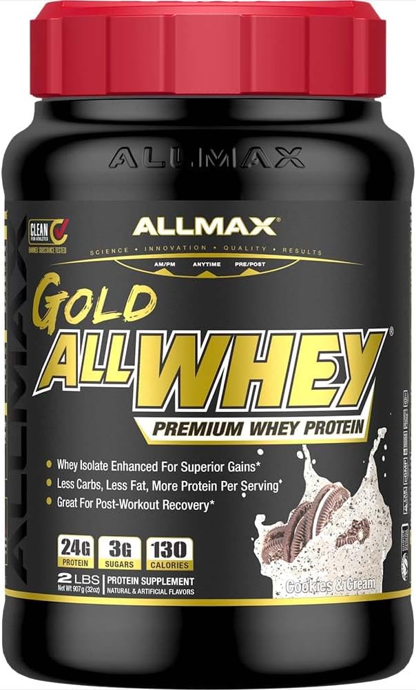 ALLMAX Nutrition Gold ALLWHEY, Cookies &amp; Cream - 2 lb - 24 Grams of Protein Por Scoop - Gluten Free, Low Carb & Low Sugar - Aprox. 30