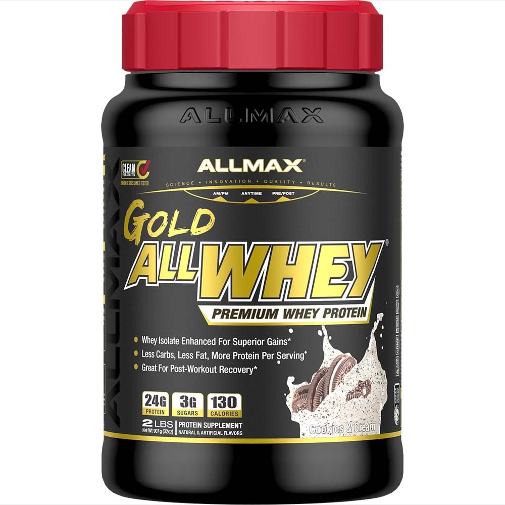 ALLMAX Nutrition Gold ALLWHEY, Cookies &amp; Cream - 2 lb - 24 Grams of Protein Por Scoop - Gluten Free, Low Carb & Low Sugar - Aprox. 30