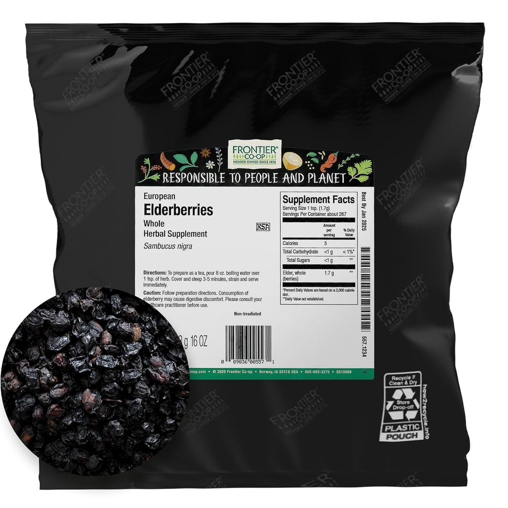 Frontier Co-op Dried Elderberries, 2lb Bulk Bag, Whole Berries - Kosher y Fruta Seca No GMO para Polvo de Elderberry, Té y Syrup