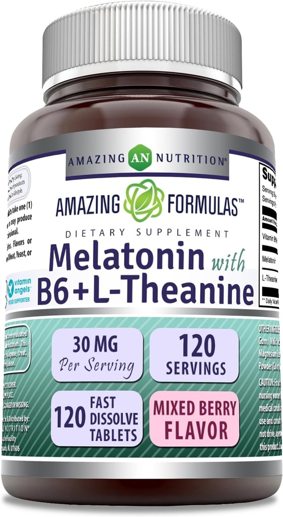 Fórmulas asombrosas Melatonina con vitamina B6 + L-Theanine Suplemento TENIDO 30 Mg Por Serving ← Berry Flavor mixed TEN 120 Tablets TEN NO-GMO TEN Gluten Free TEN Made in USA