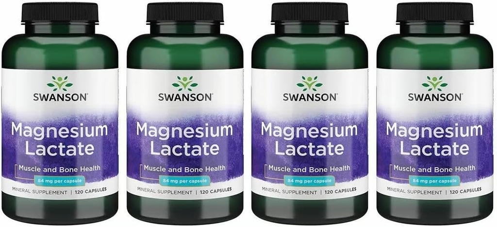 Lactato de magnesio de Swanson - Suplemento Mineral Promoción de la Salud Musculo y Hueso - Forma Mineral Lactada Libre de Lactosa para Absorción Gentil - (120 cápsulas, 84 mg cada uno) 4 Pack