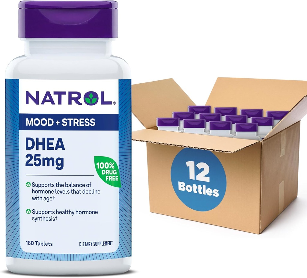 Natrol Mood & Stress DHEA 25mg con Calcio, Suplemento dietético para Equilibrio de Ciertos Niveles de Hormonas y Soporte de Mood, 180 Tabletas, 180 Day Supply (Pack of 12)