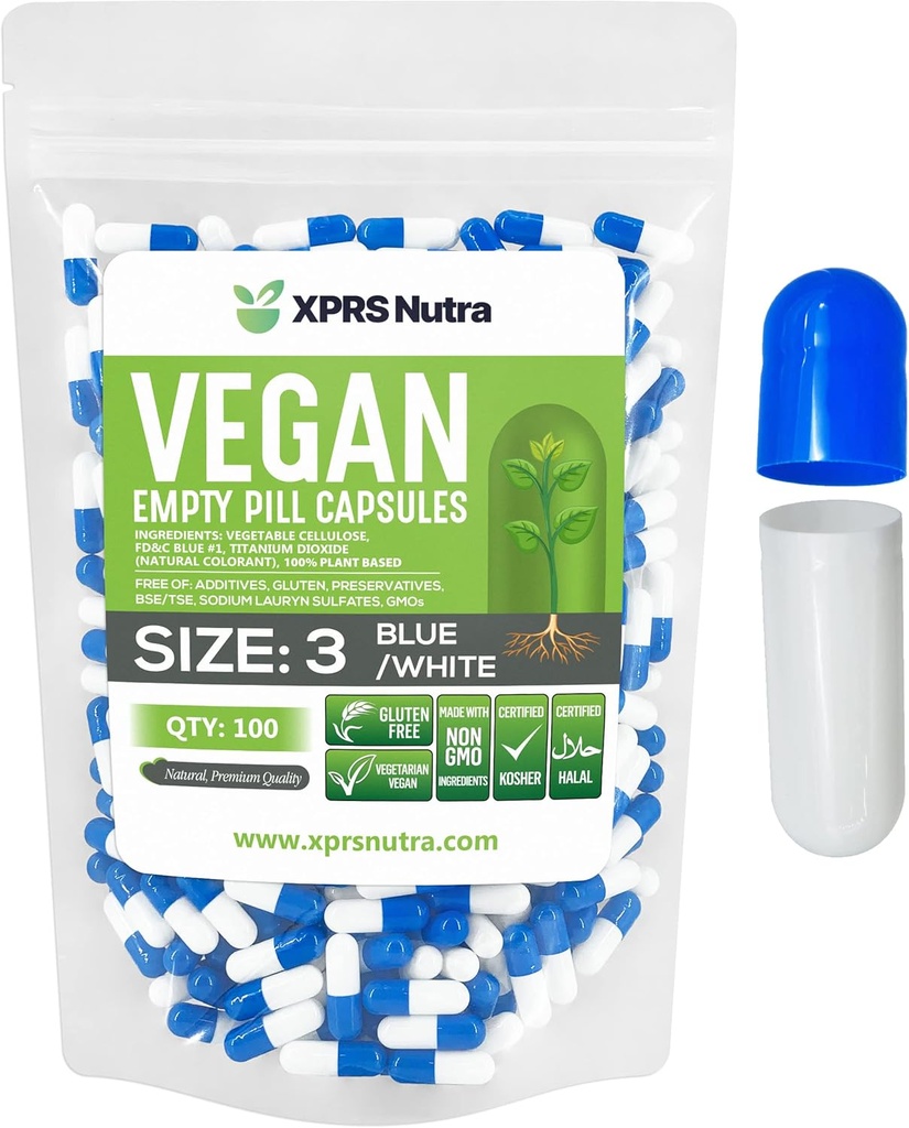 XPRS Nutra Size 3 Empty Capsules - 100 Conde Vegan - Vegetarian Empty Pill Capsules - DIY Vegetable Capsule Filling - Veggie Pill Empty Caps (Blue/White)