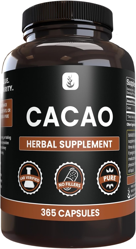 Ingredientes originales puros Cacao (365 capsules) No hay magnesio o rifles de arroz, siempre puros, lab verificados