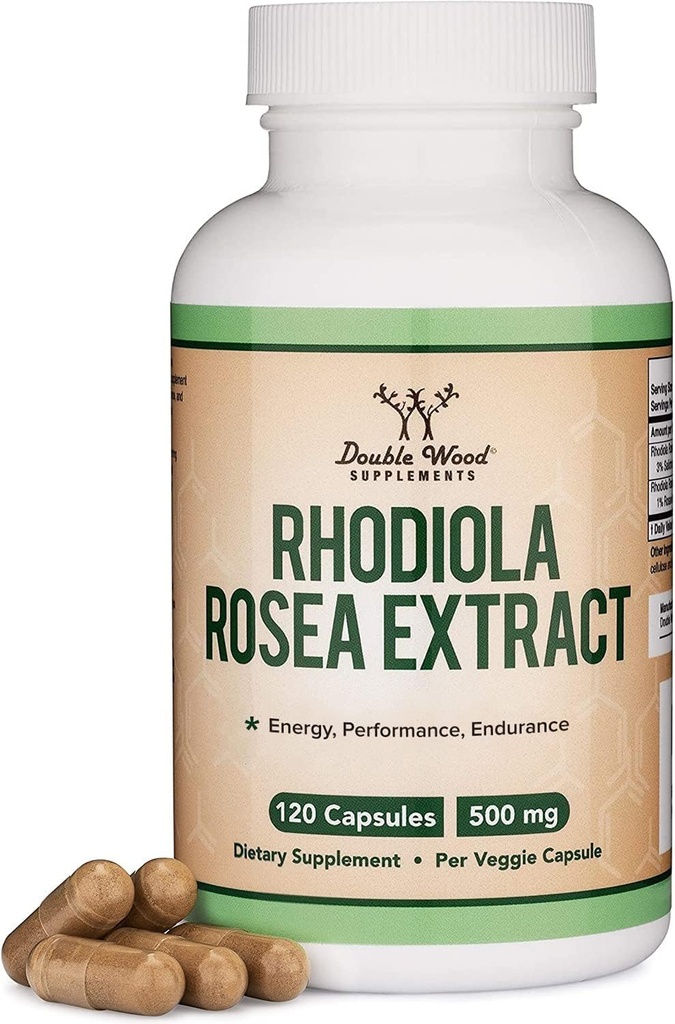 Rhodiola Rosea Suplemento 500mg, 120 Cápsulas Vegan (Tercera Prueba de Fiesta, Gluten Gratis, 3% Salidrosides, 1% Rosavins Extracto) para el rendimiento, la calma, la motivación por Madera Doble