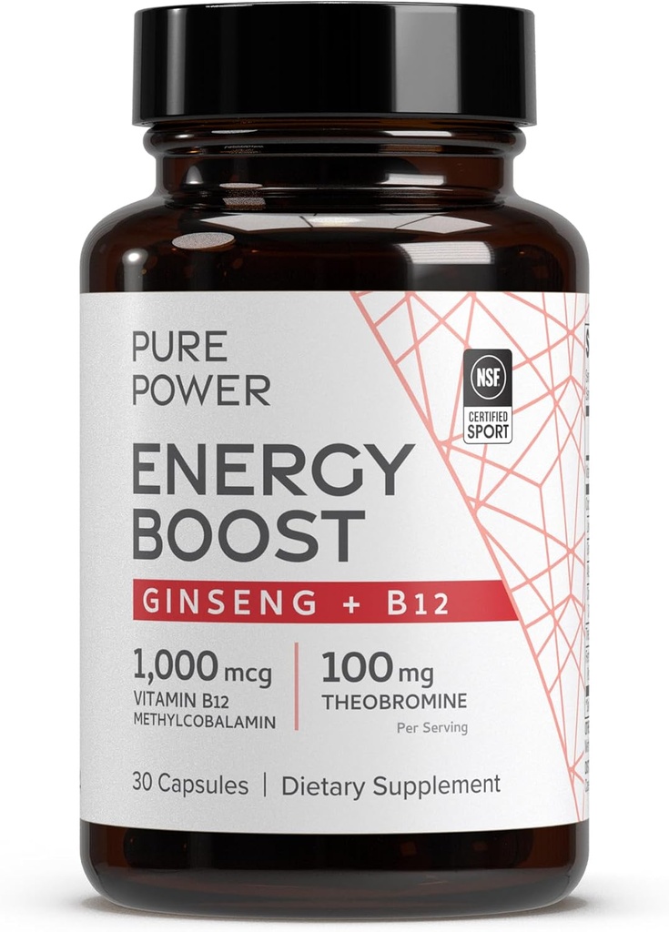 Dr. Mercola Pure Power Energy Boost, 30 Servings (30 Capsules), Ginseng + B12, Suplemento dietético, Boosts Physical & Mental Energy, Non-GMO