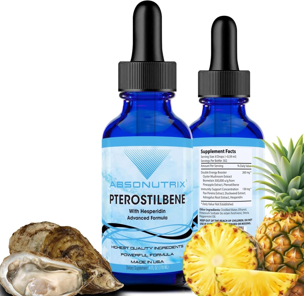 Absonutrix Pterostilbene with Hesperidin 390 mg, 4 Oz Liquid, 300 Servings, Made in USA, Quick Absorption, Quality Potent Ingredients, Non-GMO, GMP Certified Facility, Cruelty-Free Products