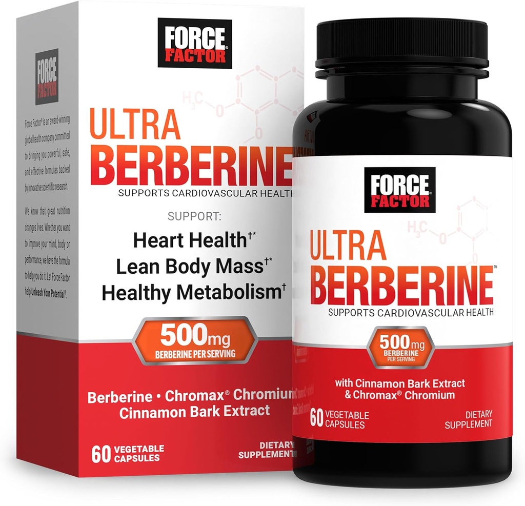 FORCE FACTOR Ultra Berberine, Suplemento de Berberina con 500 mg de Berberine HCl Plus Chromium &amp; Cinnamon Bark Extracto para apoyar el metabolismo " Daily Wellness, Non-GMO, Gluten Free, 60 cápsulas vegetales