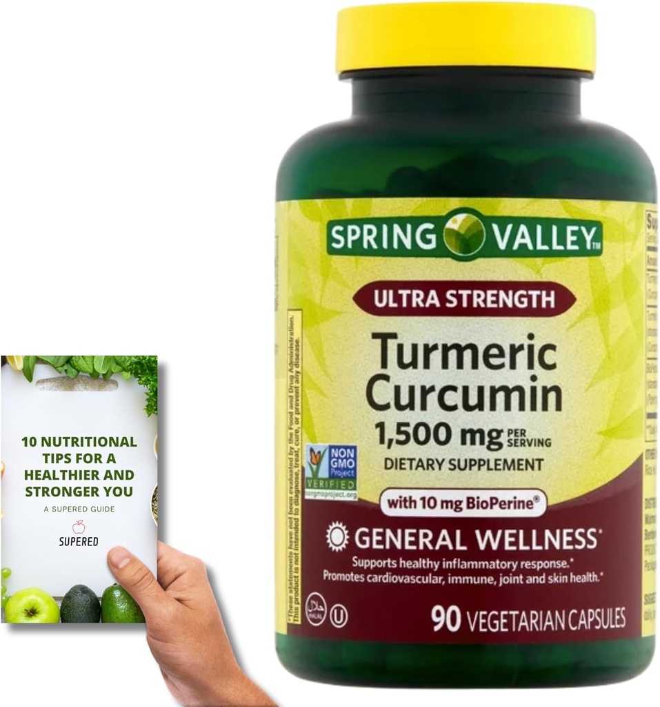 SupeRed Spring Valley Turmeric Curcumin Ultra Strength - 90 Cuenta, 1.500 mg Vegeterian Capsules - Incluye Nutritonal Guide' (2 Artículos)