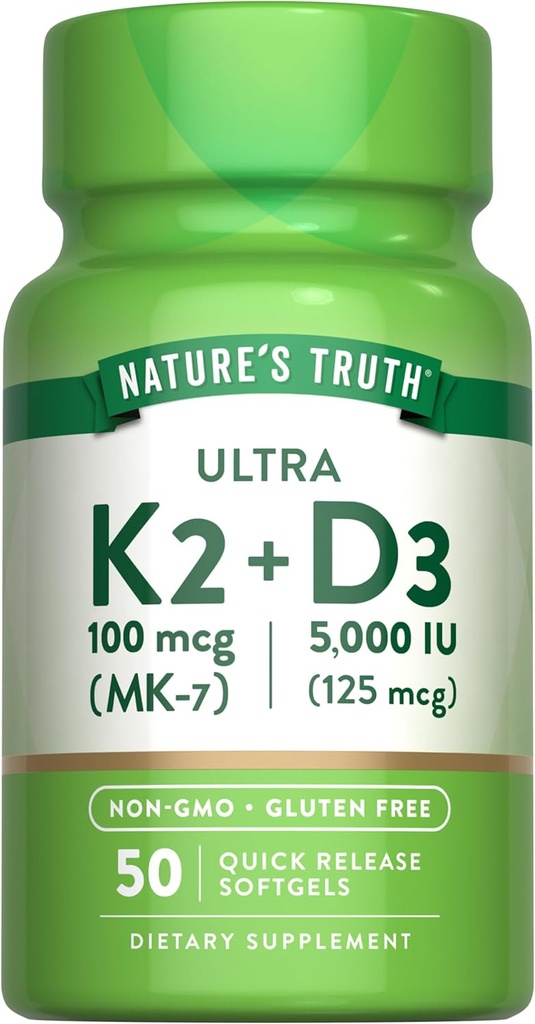 Verdad de la naturaleza Vitamina K2 MK7 Complejo TENIDO 100 mcg TEN 50 Softgels Silencio con D3 TENIDO No-GMO &amp; Gluten Suplemento Libre