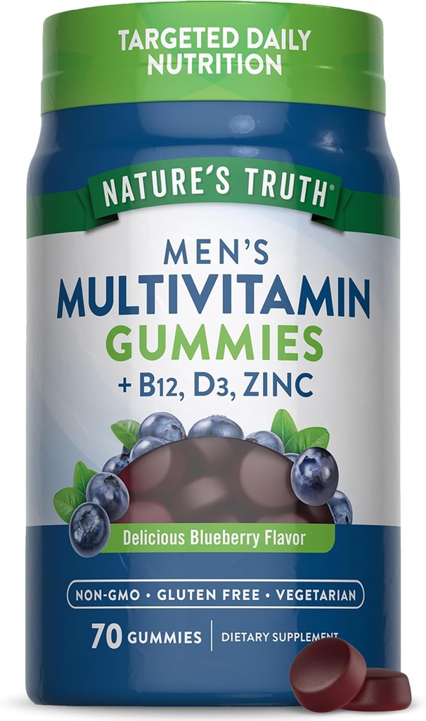 Nature's Truth Multivitamin for Men Gummies | 70 Count | Blueberry Flavor | with B12, D3 & Zinc | Vegetarian, Non-GMO and Gluten Free Supplement