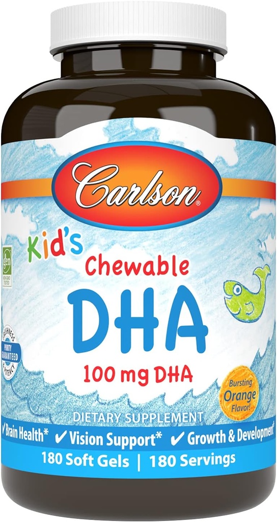 Carlson - DHA para niños, 100 mg DHA, salud cerebral, función de visión, crecimiento y desarrollo, naranja, 180 Softgels Chewable
