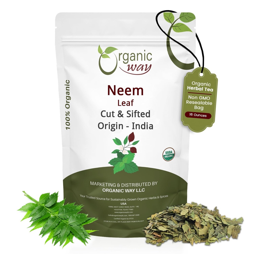 Organic Way Neem Leaf Cut and sifted | Herbal Tea | Premium Neem Leaf | USDA Certified | Non GMO & Gluten Free | Origin - India (16 oz - 1 lbs)
