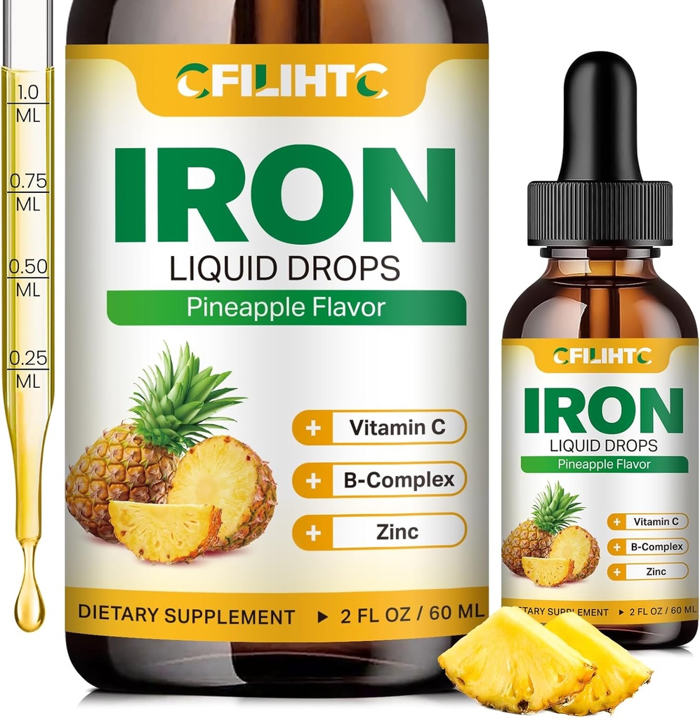 Suplemento de Hierro Líquido para Mujer Hombres &amp; Niños gotas de hierro multivitamina con folato, vitamina C, B6, B12, zinc para la anemia, deficiencia de hierro, constructor de sangre, energía - sabor a piña natural, Vegan 2 Fl Oz