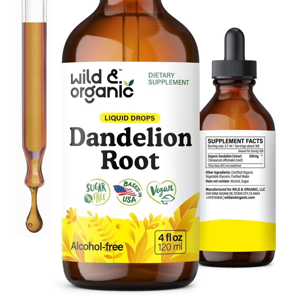 Wild &amp; Organic Dandelion Root Extract Drops - Liver Cleanse Detox Support - Dandelion Tincture for Liver Health - Vegan, Sugar &amp; Alcohol-Free Liquid Supplement - 4 fl oz