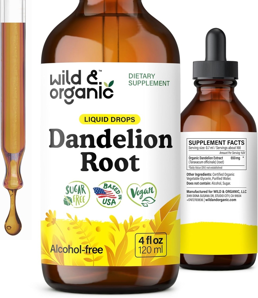 Wild &amp; Organic Dandelion Root Extract Drops - Liver Cleanse Detox Support - Dandelion Tincture for Liver Health - Vegan, Sugar &amp; Alcohol-Free Liquid Supplement - 4 fl oz