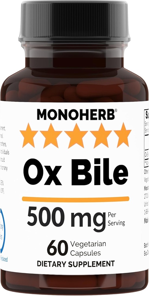 Ox Bile 500 mg - 60 Veg Capsules tóxico 250 mg por cápsula - Tamaño de servicio 2 cápsulas: 500 mg - 30 Actuaciones