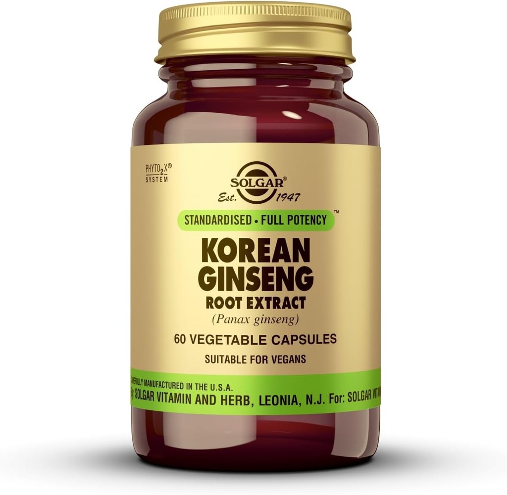 Solgar Korean Ginseng Root Extract, 60 Vegetable Capsules - Immune Support - Standardized, Full Potency (SFP) - Non-GMO, Vegan, Gluten Free, Dairy Free, Kosher - 60 Servings