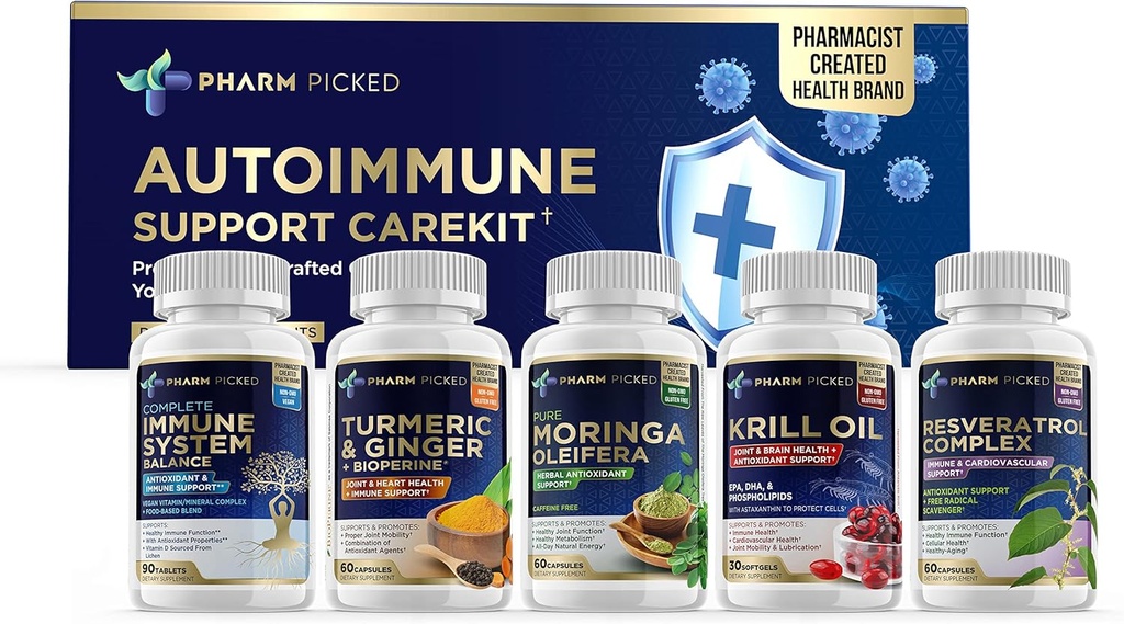 PHARM PICKED Autoimmune Support CareKit – 5 Suplemento Bundle + Imprimir Guía de autocar: Equilibrio inmunitario, Resveratrol, Moringa, Krill Oil, Turmeric " Ginger – Non-GMO, Confía en los farmacéuticos